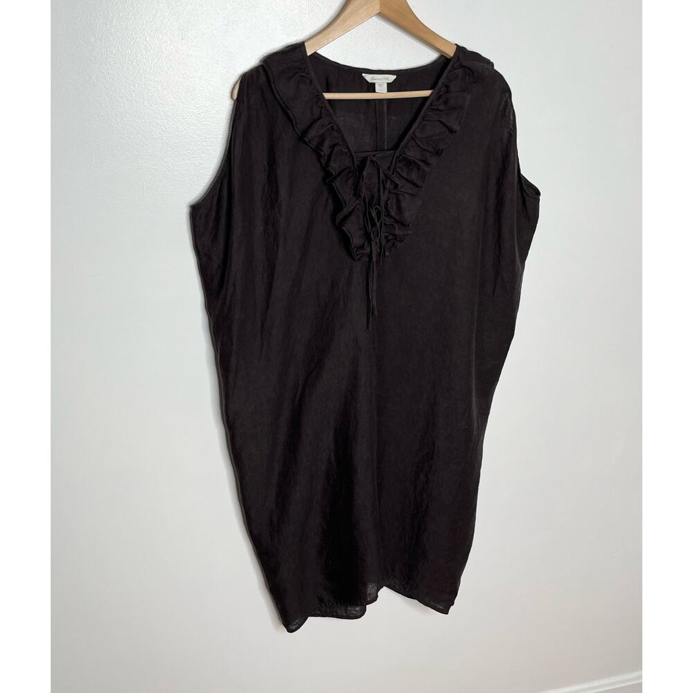 Garnet Hill Womens Sleeveless Linen Shift Dress S Brown V Neck Ruffle Oversized - Picture 2 of 9